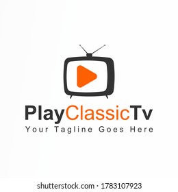 Logo, Design, Vektorgrafik, Symbol, Idee, Konzept, Bild, Abstrakt, Grafik mit klassischem Fernsehen und Spielsymbol, die als Unternehmensidentitäten im Zusammenhang mit dem Rundfunk verwendet werden können
