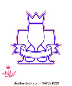 Simple classic vector three goblets with curvy ribbon and king crown, royal ball and celebration theme illustration. Lifestyle graphic design elements, entertainment idea.