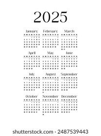 Simple and Classic Vertical  2025 Calendar with black text on white background Minimalist Design 