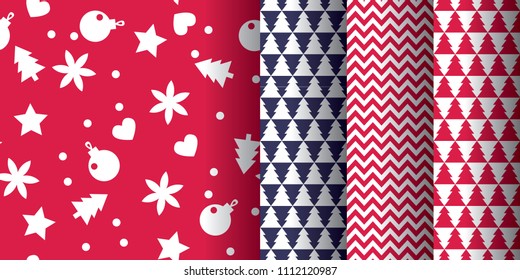 Simple classic xmas seamless pattern set for background, wrapping paper, fabric, surface design. Naive Christmas repeatable motif in red and blue colors. stock vector illustration