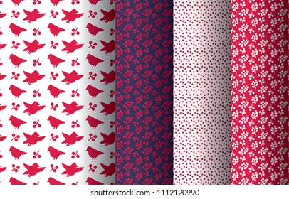 Simple classic xmas seamless pattern set for background, wrapping paper, fabric, surface design. Naive Christmas repeatable motif in red and blue colors. stock vector illustration
