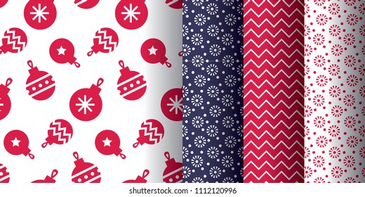 Simple classic xmas seamless pattern set for background, wrapping paper, fabric, seamless surface design. Naive Christmas repeatable motif in red and blue colors. stock vector illustration