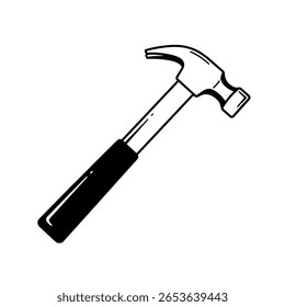 A simple claw hammer in a clean line art drawing. An outline icon of a hand tool for carpentry, construction, and DIY workshops.