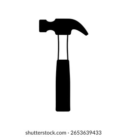 A simple claw hammer shown as a solid black glyph icon. A minimalist hand tool for carpentry, construction, or home improvement.