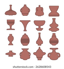 Simple clay pot icons collection. Earthy color palette featuring muted browns. Variety of organic shapes for web design, stickers, and creative projects. High quality vector illustrations, EPS 10.