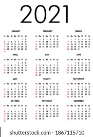 	
Simple and clean 2021 new year calendar black color on white background vector