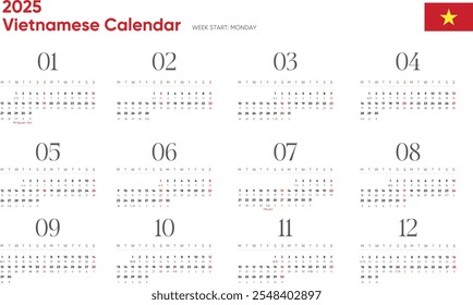 Design simples e limpo do calendário vietnamita de 2025, com todos os 12 meses de janeiro a dezembro. O layout começa na segunda-feira e destaca fins de semana e feriados.