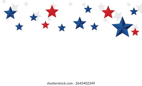 Simple and clean 4th of July vector background featuring red, white, and blue 3D stars scattered across a white canvas.