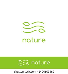 Simple clean air wind wave nature logo with minimal line outline monoline icon symbol of leaf and wind