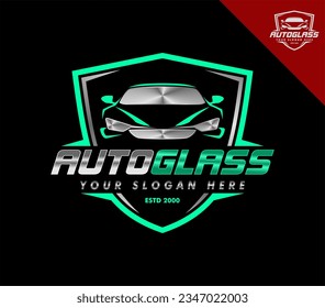 simple clean of Auto glass logo emblem with shield, sticker badge design template, repair, replacement of broken auto glass. modern business logo isolated on dark black background