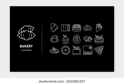 Simple and clean bakery icon set in a minimalist style. Includes icons of bread, cake, croissant, rolling pin, oven, chef hat, and other baking-related elements. Ideal for bakery branding, menu design