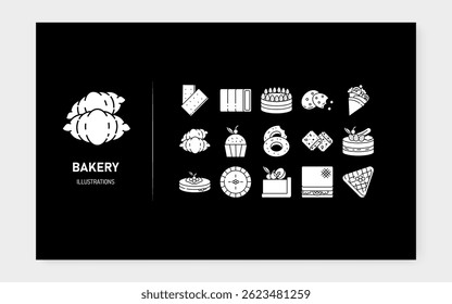Simple and clean bakery icon set in a minimalist style. Includes icons of bread, cake, croissant, rolling pin, oven, chef hat, and other baking-related elements. Ideal for bakery branding, menu design