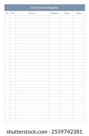 Simple, clean, and basic checkbook register layout designed for tracking financial transactions with clarity and precision. Minimalistic and functional planner. Simplicity and usability for financial.