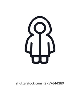 A simple and clean black line icon of a person wearing a hooded raincoat. This minimalist vector graphic is perfect for weather or clothing icons.