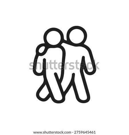 A simple and clean black line icon showing two people walking together. One person has their arm around the other, symbolizing friendship and support.