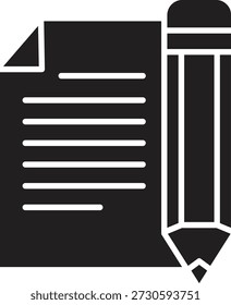 A simple, clean black and white icon depicting a document with lines of text next to a large pencil, symbolizing writing, editing, or creative processes.