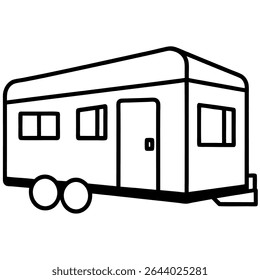 Uma ilustração simples, limpa em preto e branco retrata um trailer de viagem clássico, perfeito para seus projetos de acampamento ou férias. 