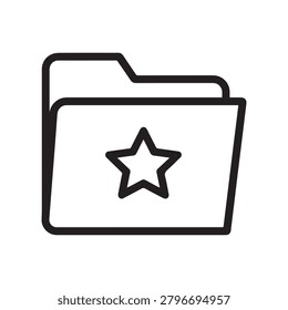 A simple, clean black and white illustration of an open folder icon containing a five-pointed star symbol. The design is flat with bold outlines and no shading, giving it a modern and minimalist aesth.