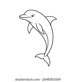 A simple, clean black and white line drawing of a dolphin leaping out of the water. The dolphin is depicted with a friendly expression and its body is curved gracefully.