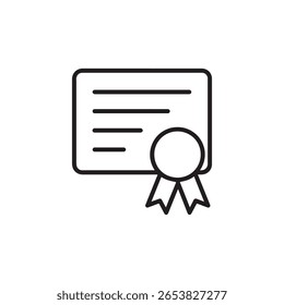 Um ícone simples, limpo, em preto e branco, representando um certificado ou diploma com uma fita e um selo, que significa conquista, reconhecimento ou prêmio.