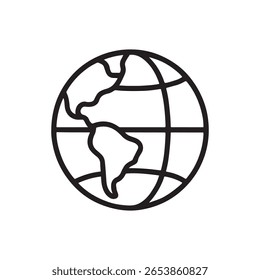 Ein einfaches, sauberes Kunstsymbol mit schwarz-weißer Linie, das den Planeten Erde darstellt und Kontinente und Breitengrade auf weißem Hintergrund zeigt.