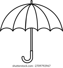 Un simple y limpio dibujo de líneas en blanco y negro de un paraguas. Adecuado para pronósticos de Clima, Elementos de diseño y temas minimalistas. Vector gráfico.