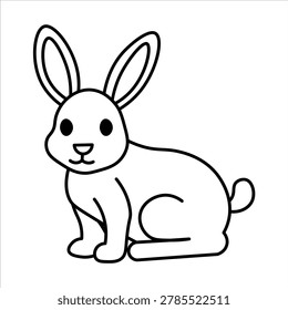 A simple, clean black and white line drawing of a cute rabbit sitting down with its ears perked up.