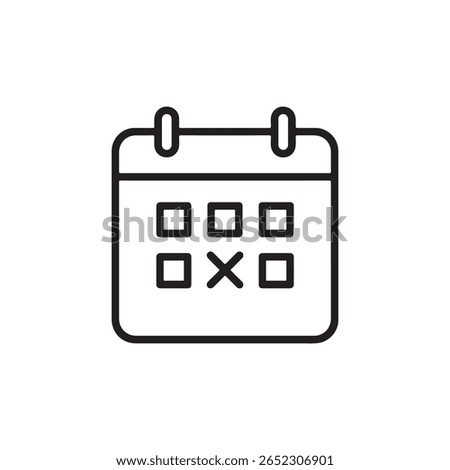 A simple, clean black and white line icon of a calendar page. One square on the calendar grid is marked with an 'X', indicating a specific date or event.