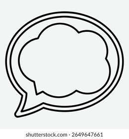 A simple, clean, black and white outline of a speech bubble. The bubble has a rounded, cloud-like shape within an outer oval, with a pointed tail.