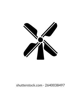 A simple and clean black and white silhouette illustrates a four-blade propeller, commonly used in wind turbines or aircraft, against a plain white backdrop.