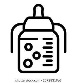 Simple and clean black and white vector illustration of a baby feeding bottle icon isolated on white background, perfect for infant nutrition essentials and childcare products