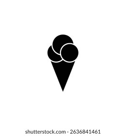 Simple, clean black and white vector icon of a classic ice cream cone, featuring three scoops, perfect for summer treats and dessert themes.