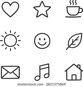 Simple and clean black-and-white line art vector illustration set featuring 9 everyday icons: heart love, star, hot drink cup, sun, smiling face, nature leaf, envelope message, music note, and house home. Bold yet friendly lines with subtle natural texture create a warm, approachable feel. Perfect for app interface icons, web design elements, social media decor, basic education materials, and versatile clean design projects. Transparent background, fully scalable vector graphics, all elements are completely editable.