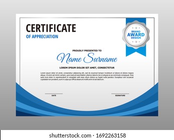 Simple Clean Blue Curve Certificate Design, Professional Modern Certificate Template Vector