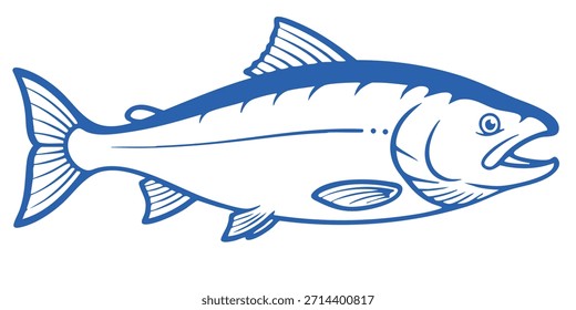 Simple Clean Blue Outlined Stylized Graphic Illustration of a Large Salmon Fish