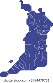 Simple and clean blue vector map showing the municipal boundaries of Osaka Prefecture, suitable for infographics and geographic data visualization.