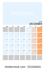 Simple Clean Calendar 2017 - DECEMBER - with space for picture