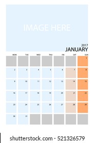 Simple Clean Calendar 2017 - JANUARY- with space for picture