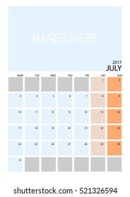 Simple Clean Calendar 2017 - JULY- with space for picture
