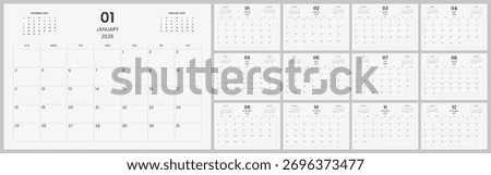 Simple and clean calendar template for 2026. Modern 2026 desk calendar design for company. Monthly calendar for 2026 with daily planer.