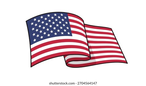 Ilustração simples e limpa do vetor do desenho animado da bandeira americana acenando graciosamente no vento isolado em um fundo branco.