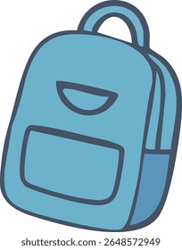 A simple and clean cartoon-style illustration of a blue backpack with bold outlines and a front pocket.