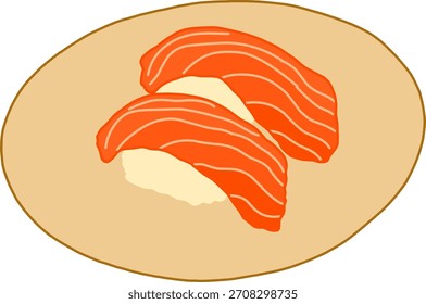 Una ilustración sencilla, limpia y de estilo caricatura que muestra dos piezas de sushi Salmon Nigiri