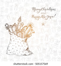 Simple clean Christmas card with sack full of gifts. Gift boxes. christmas candies, firework rockets. Doodle sketch illustration on background with gift boxes.