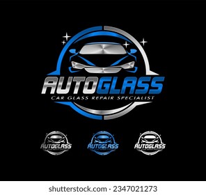 simple clean circle logo of Auto glass logo emblem, sticker badge design template, repair, replacement of broken auto glass. modern business logo isolated on dark black background