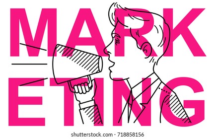 Simple clean conceptional flat line vector illustration of man with megaphone on text MARKETING isolated on white background