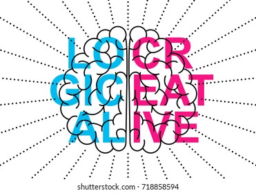 Simple clean conceptional flat line vector illustration of human brain with words LOGICAL and CREATIVE isolated on white background