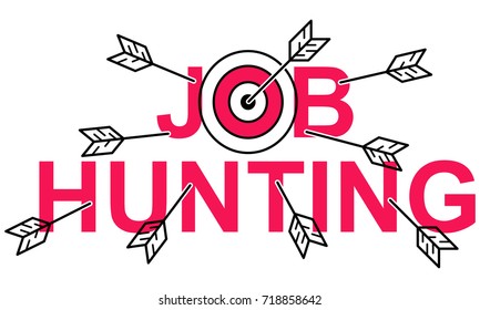 Simple clean conceptional line art vector illustration of arrows in bull's eye and on text JOB HUNTING isolated on white background