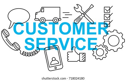 Sencilla ilustración vectorial nítida de texto CUSTOMER SERVICE banner con iconos de línea plana aislados en fondo blanco