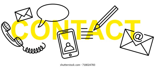 Simple clean conceptional vector illustration of text CONTACT banner with communication line icons isolated on white background